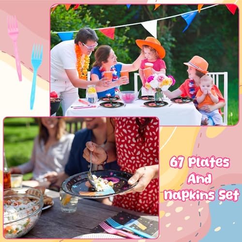 Hushee 96 Pcs 67 Birthday Plates and Napkins Party Decoration, Blue Pink - Image 6