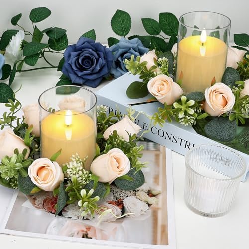 Artificial Roses Candle Rings with Candles, 2 Sets, Champagne - Image 5