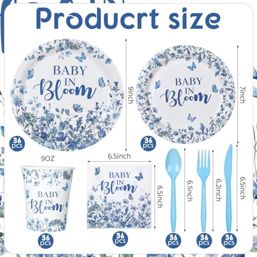 Yungyan 252 Pcs Baby in Bloom Blue Floral Baby Shower Party Tableware Set Included Plates Napkins Cups Forks Knives Cutlery for Party Decorations Supplies 36 Guests - Image 2