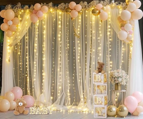 Champagne Tulle Backdrop Curtain with Lights String for Parites Wedding 5x8ft Champagne Sheer Backdrop Curtains for Bridal Shower Baby Shower Birthday Party Photo Booth Background Decorations - Image 4