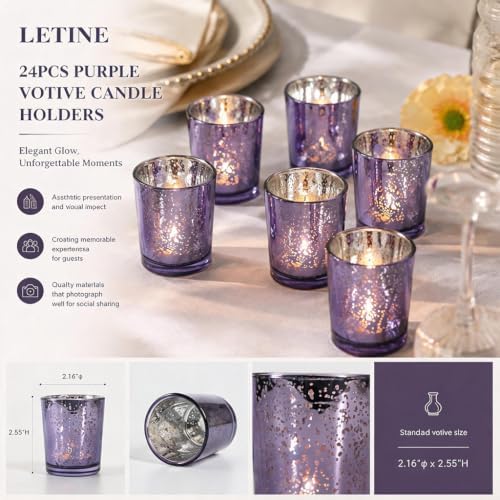 LETINE 24pcs Purple Votive Candle Holders – Glass Tea Light Candles Holder, Standard Votive Size for Regular Votive Candles– Bulk Candle Holder for Party Decoration, Bridal Shower, Home Decor - Image 2