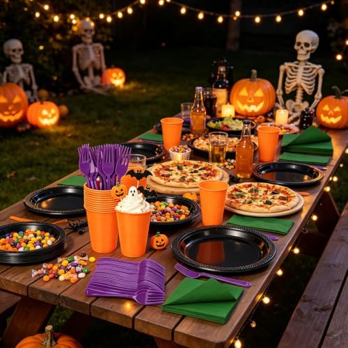200pcs Black Orange Purple Plastic Plates Party Supplies, Disposable 9’’Dinner Plates and Napkins, Cups & Cutlery Plastic Dinnerware Set for Halloween, Birthday, Themed Party, Serves 50 Guests - Image 5