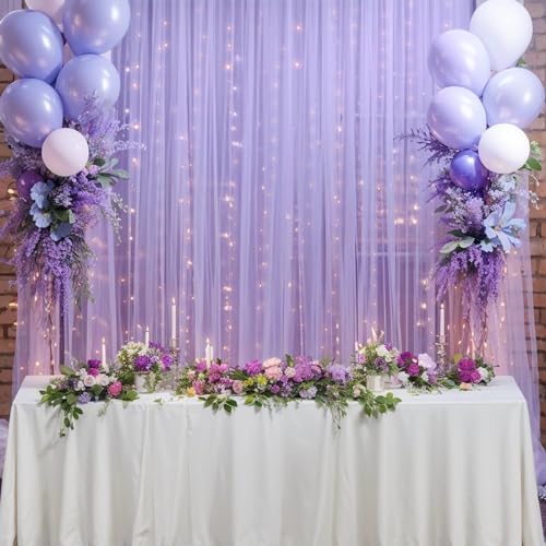 10ft x 8ft Purple Backdrop Curtain with Lights String for Parties, Sheer Tulle Wedding Photo Backdrops Drapes for Baby Shower Birthday Party Decorations Background for Photography - Image 3