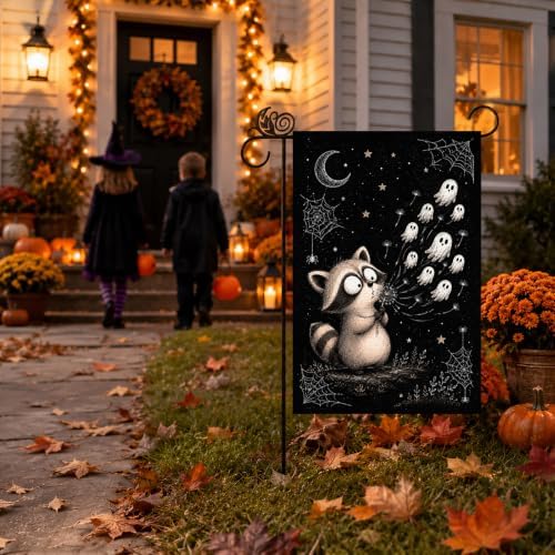 Halloween Garden Flag Whimsical Raccoon Ghost Dandelion Black Flag 12x18 - Image 6