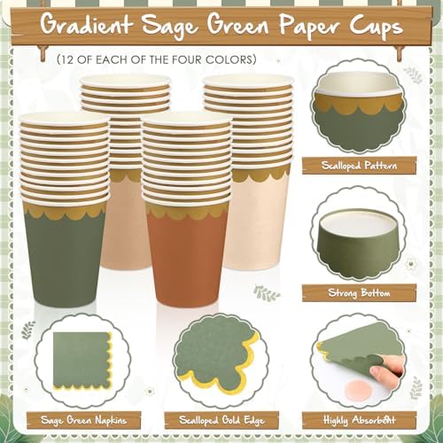 Mimorou 338 Pcs Sage Green and Brown Plates Napkins Cups Flatware Set - Image 5
