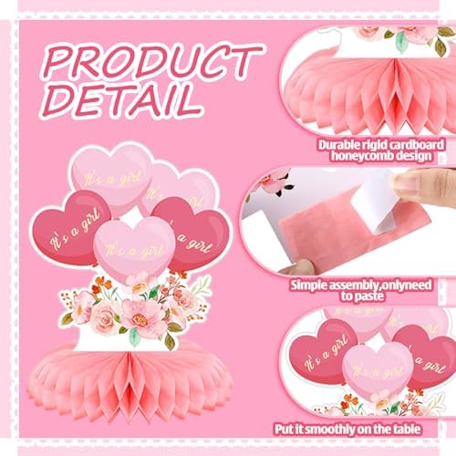Pickmesh 12 Pcs Pink Baby Shower Decorations Honeycomb Centerpieces for Girls Floral It's a Girl Gender Reveal Table Centerpiece Party Supplies Baby Girl Pregnancy Announcement Table Topper - Image 4