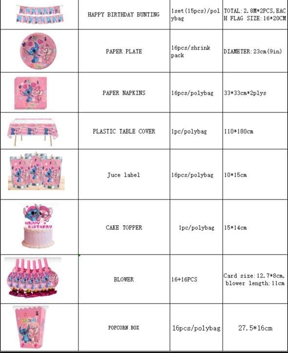 Pink Stitch kids Birthday Party supplies decoration set for 16 Guests–83PCS Set with 16 Plates9'' Napkins popcorn boxes birthday Banner juice labels blowouts Cake Topper & Tableware - Image 4