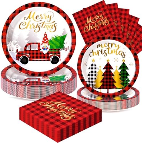 72PCS Christmas Plates and Napkins for Party Decorations, Set of 24 Merry Christmas Disposable Tableware Supplies, Gnome Red Plaid Paper Plates for Christmas in July Party by FightingtoAchieve
