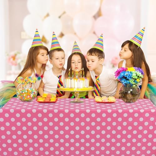 Kesfey 3 Packs Minnie Mouse Tablecloth 54 x 108 Inch Pink Polka Dot Table Cloths Disposable Plastic Pink Waterproof Picnic Table Covers Pink and White Dots Minnie Tablecover for Birthday Party - Image 6
