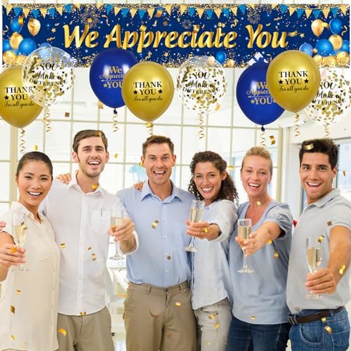 We Appreciate You Decorations Blue Gold Appreciate You Banner Yard Sign with 18 Pcs Balloons Thank You for All You Do Banner Employee Staff Appreciation Gifts Teacher Doctor Appreciation Party Decor - Image 3