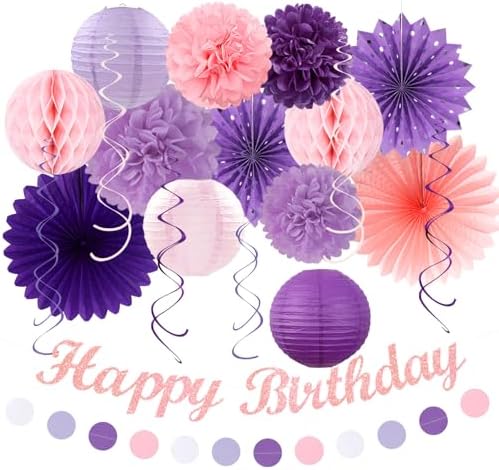 Purple Lilac-Lavender Pink Women Birthday Party-Decorations - 21pcs Happy Banner,Paper Lanterns Honeycomb,Tissue Pom Poms Flower Fan,Classroom Hanging Streamers Garland,Girls Decor Supplies Huglony by Huglony