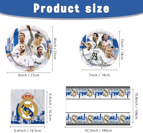 41Packs Real Madrid Birthday Decorations Include 20 Plates, 20 Napkins and 1 Tablecover for Real Madrid Birthday Party Supplies - Image 3