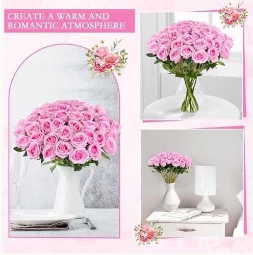 Hananona 50 Pcs Artificial Roses, Realistic Silk Pink Flowers Bulk - Image 4