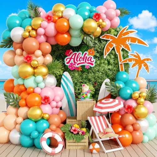 Tropical Balloon Arch Kit, 149 PCS Hawaiian Luau Balloons Garland Pink Teal Orange Coral Metallic Gold Latex Balloons for Flamingo Summer Aloha Beach Pool Baby Shower Birthday Party Decorations by Paeyeq