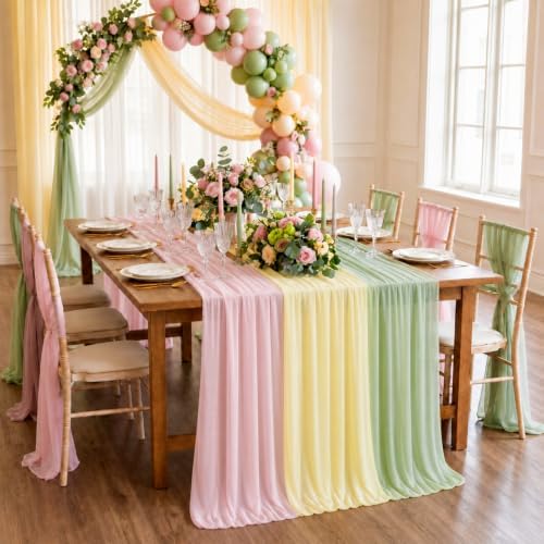 Boao 6 Pcs Pink and Sage Green Party Decorations Chiffon Table Runner - Image 4
