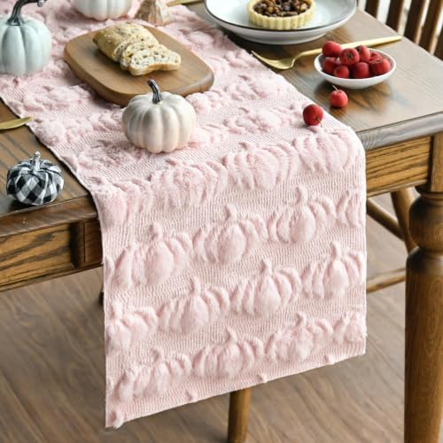 Artoid Mode Pink Soft Faux Fur Pumpkins Fall Table Runner 13x72 Inch by ArtoidMode