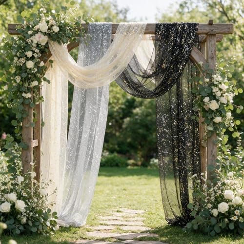 Artoid Mode 3PC Beige Black White Gauze Table Runner 120 Inch 10FT, Glitter Metallic Foil Sheer for Wedding Anniversary Holiday Birthday Home Party Decor - Image 2