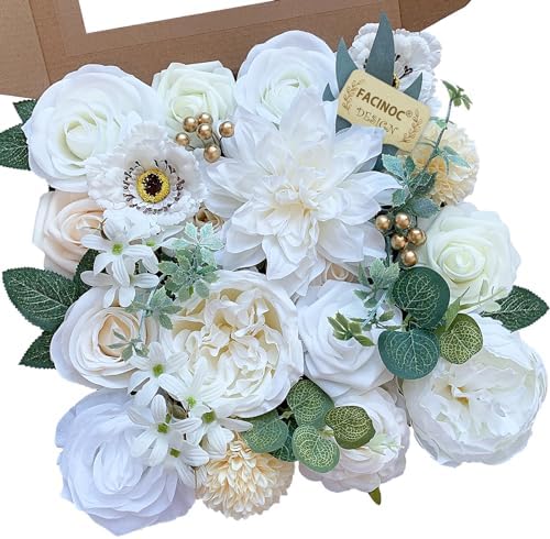 FACINOC White Rose Artificial Flowers Fake Flower Bulk with Stems Box Set by FACINOC