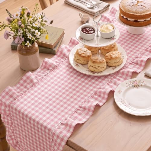 Artoid Mode Pink Farmhouse Plaid Gingham Ruffle Table Runner, Seasonal Scalloped Spring Kitchen Dining Table Decoration for Home Party Decor 13x36 Inch - Image 4