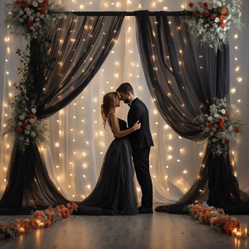 30x8ft Black Tulle Backdrop Curtain with Lights String for Parites, Sheer Backdrop Curtains for Wedding Baby Shower Birthday Party Photo Shoot Decorations - Image 3