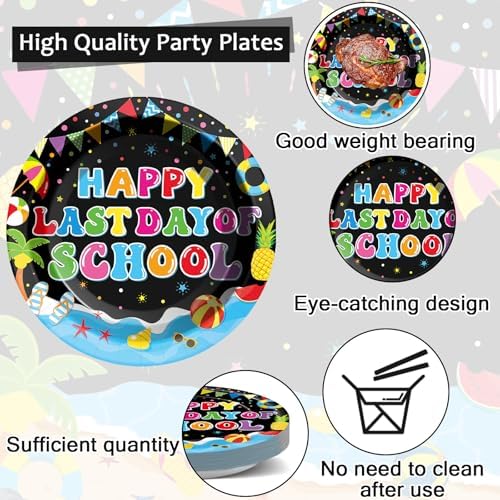 96 Pcs Happy Last Day of School Paper Party Plates and Napkins for Summer Vacation Supplies Summer End of School Year Theme Dessert Tableware Set for 24 Guests Birthday Party Decorations - Image 3