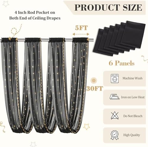 6 Panels Black Ceiling Curtains with Lights for Weddings - 5ftx30ft Wrinkle-Free Tulle Fabric Wedding Arch Draping Ceiling Drapes Decorations for Wedding Party Ceremony Stage Tent Event - Image 2