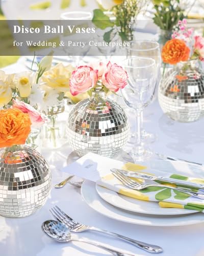 Disco Ball Vase for Centerpieces Disco Ball Planter for Flowers Silver Mirror Glass Disco Ball Decor for Table, Party, Wedding, Birthday, Home, or Bedroom(3.5" X 4") - Image 3
