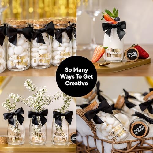 Ethisa Vintage 24 Pack Adult Birthday Party Favors Glass Bottles with Ribbons and Stickers - Classy Happy Birthday Favors and Table Centerpieces Decorations - Sturdy Candy Jar for Guests - Image 4