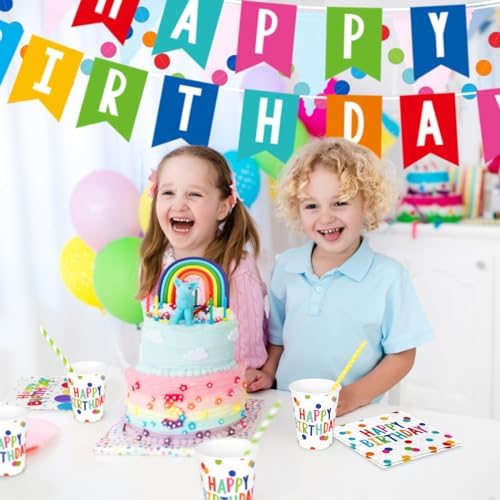 Happy Birthday Decorations: Happy Birthday Party Supplies Set with Birthday Dots Design- Includes Disposable Paper Birthday Plates and Napkins, Cups, Tablecloth, and Banner for decorations, Serves 25. - Image 6