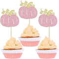 24Pcs Pumpkin Cupcake Toppers Glitter Fall Theme Pumpkin Cupcake Pick Decorations for Baby Shower Birthday Thanksgiving Halloween Party Cake Decorations Supplies Pink by Ephlyn