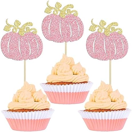 24Pcs Pumpkin Cupcake Toppers Glitter Fall Theme Pumpkin Cupcake Pick Decorations for Baby Shower Birthday Thanksgiving Halloween Party Cake Decorations Supplies Pink by Ephlyn