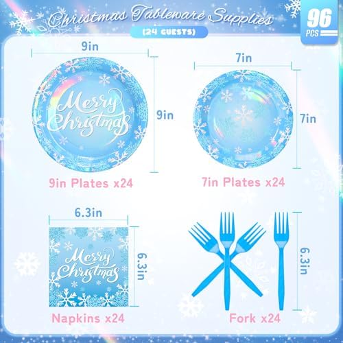 96PCS Blue Christmas Plates Napkins Forks for Party Decorations, Set of 24 Snowflakes Merry Christmas Disposable Tableware Supplies, Blue White Paper Plates for Christmas Party - Image 2