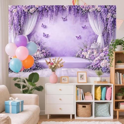8X8ft Purple Lavender Butterfly Photography Backdrop Purple Wedding Flowers Girls Bridal Shower Party Decorations Background Baby Shower Birthday Party Cake Table Decor Photo Booth Props - Image 5