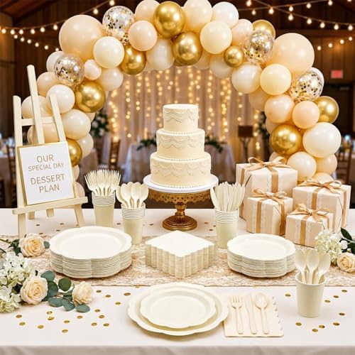 Ivory Party Supplies for 25 Guests, 175 Pcs Elegant Paper Plates and Napkins Set with Cups, Knives, Forks & Spoons, Thickened Decagonal Plates for Bridal Shower Engagement Garden Party - Image 7