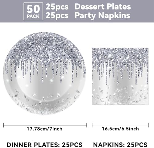 50 Pcs Silver Glitter Disposable Party Plates and Napkins Glitter Diamonds Happy Birthday Party Supplies for 25 Guests Table Decorations for Wedding Silver Birthday Decorations Paper Plates Napkins - Image 2