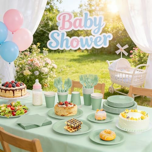 Sage Green Plates and Napkins Party Supplies, Include 9’’ Disposable Paper Plates, 7’’ Dessert Plate and Cups Napkins Forks Party Decorations for Baby Shower, Birthday, Wedding, Serves for 25 - Image 6