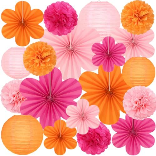 19 Pcs Pink Orange Party Decorations, Hanging Paper Lanterns, Paper Flowers Fans, Tissue Pom Poms, Floral Backdrop Wall Decor for Groovy Birthday Sunset Fall Bridal Shower Wedding Classroom by PreJoyStar