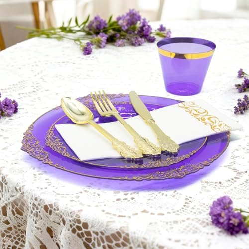 AIRE Purple Gold Plastic Plates Set, 350PCS Disposable Dinnerware for 50 - Image 6