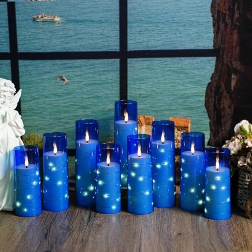 Nimiko Flickering Flameless LED Candles,Battery Operated Candles 9 Pcs with Embedded Star String,Acrylic LED Pillar Candles with Remote,Suitable for Home Decoration to Create an Atmosphere (Blue) - Image 6