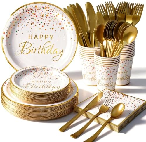 175PCS White Happy Birthday Plates Dinnerware Set, Napkins & Cups, Serve 25 by Tyzarglef