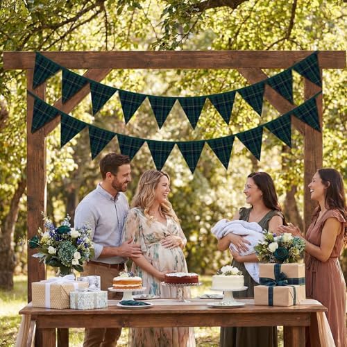 Lumina 2 Pcs Green Blue Tartan Plaid Pennant Banner Fabric Bunting 7.75 ft - Image 4