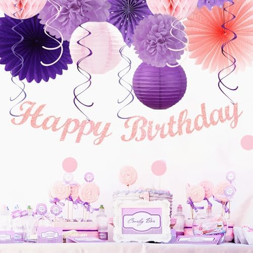 Purple Lilac-Lavender Pink Women Birthday Party-Decorations - 21pcs Happy Banner,Paper Lanterns Honeycomb,Tissue Pom Poms Flower Fan,Classroom Hanging Streamers Garland,Girls Decor Supplies Huglony - Image 5