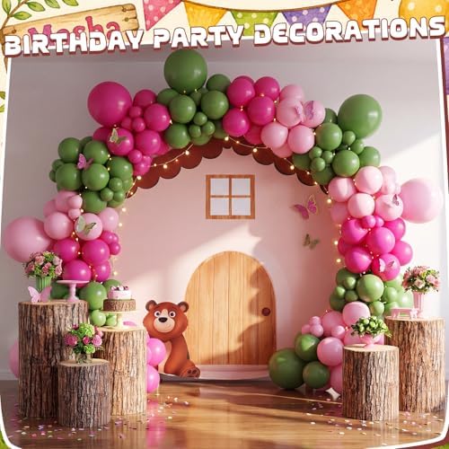 214 Pcs Pink Cartoon Bear Party Balloon Arch Kit with Cute Banner for Forest Birthday Baby Shower Woodland Party Celebrations Wooden House Picnic - Image 4