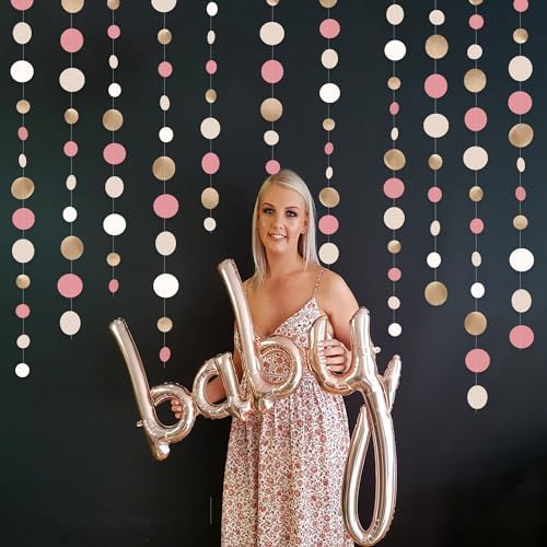 Champagne Gold Dusty Pink Decorations Circle Dots Garland Gold Pink Nude Neutral Cream White Boho Hanging Polka Dot Streamer for Bridal Shower Birthday Wedding Engagement Party Supplies - Image 5