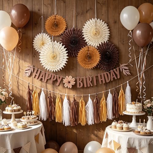 Brown Birthday Party Decorations for Women Neutral Boho Happy Banner Banner Brown Cream Honeycomb Paper Fans Hanging Tassel Garland Rustic Wedding Baby Shower Western Cowboy Party Supplies - Image 5