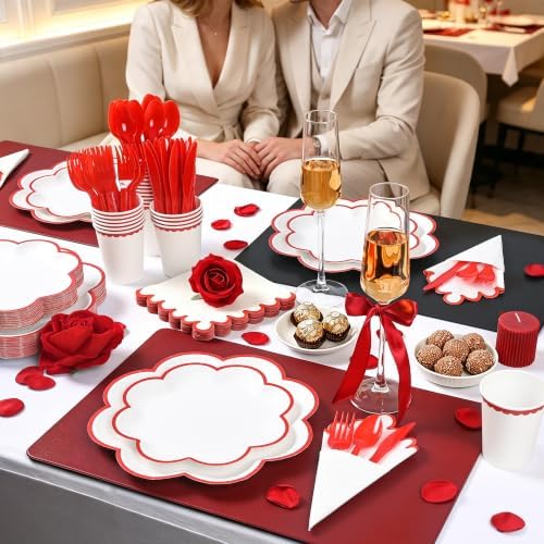 350 Pcs Red and White Paper Plates and Napkins Set, Serve for 50 Guests - Image 5
