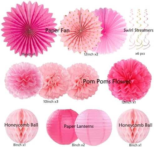 Hot Pink Boho Birthday Party Decorations - 62pcs Happy Birthday Banner, Pink Rustic Paper Lanterns, Streamers, Tissue Pom Poms, Rose Gold Blush Party Balloons, Birthday Decorations for Women Girl - Image 2