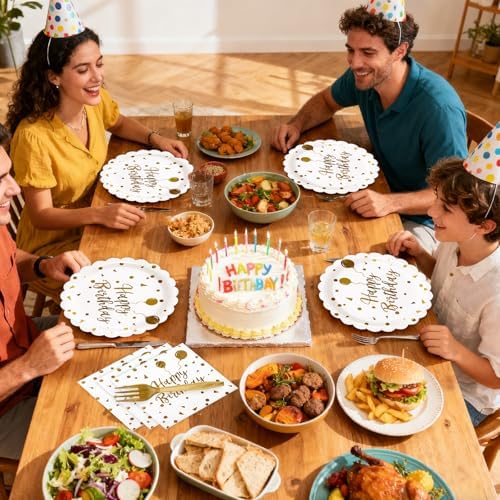 48PCS Happy Birthday White Gold Plates and Napkins Party Supplies - Image 5