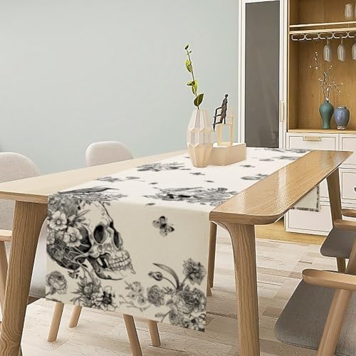 Gothic Skull Crow Flower Table Runner, Black Raven Vintage Bloom Floral Sugar Skull Black Moth Dinner Runner for Farmhouse Halloween Party Holiday Home Kitchen Dining Table Decor 13"x120" - Image 2