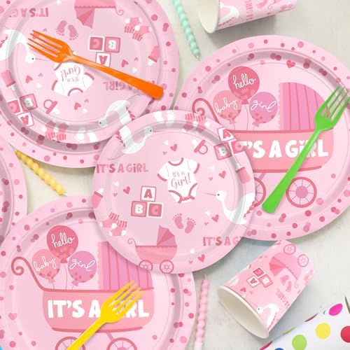 Baby Girl Shower Decorations for 24 Guests - It’s A Girl Decorations Kit Including Disposable Plates, Napkins, Cups, Tablecloth & Banner for Baby Shower Decorations Girl - Image 4